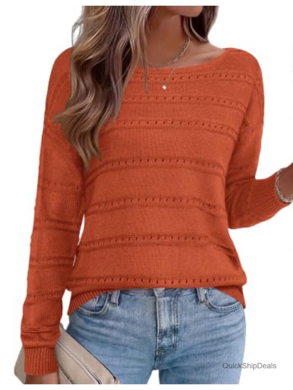 Womens Crochet Sweater Off Shoulder Boat Neck Loose Fit Pullover